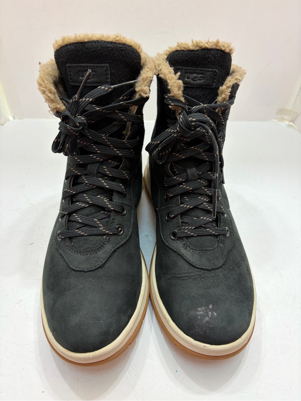 UGG Women's Black Leather Shearling Lace-Up Winter Boots Size 10 (1130899)